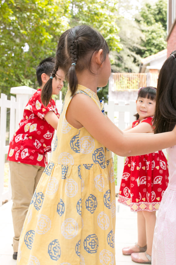 Chinese New Year Modern Batik Cheongsam kids dress (Yellow Kawung)