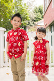 Chinese new year modern batik cheongsam kids dress (Red Kipas)