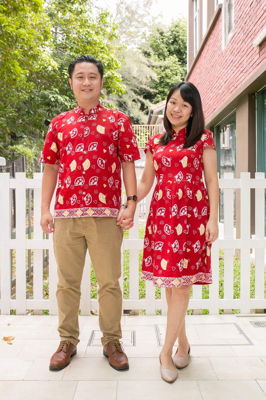 Chinese New Year Batik Mandarin Men Shirt (Red Kipas)