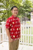 Chinese New Year Batik Mandarin Men Shirt (Red Kipas)