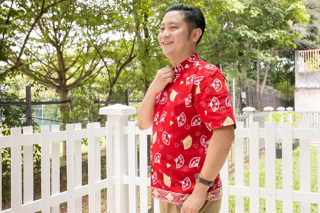 Chinese New Year Batik Mandarin Men Shirt (Red Kipas)