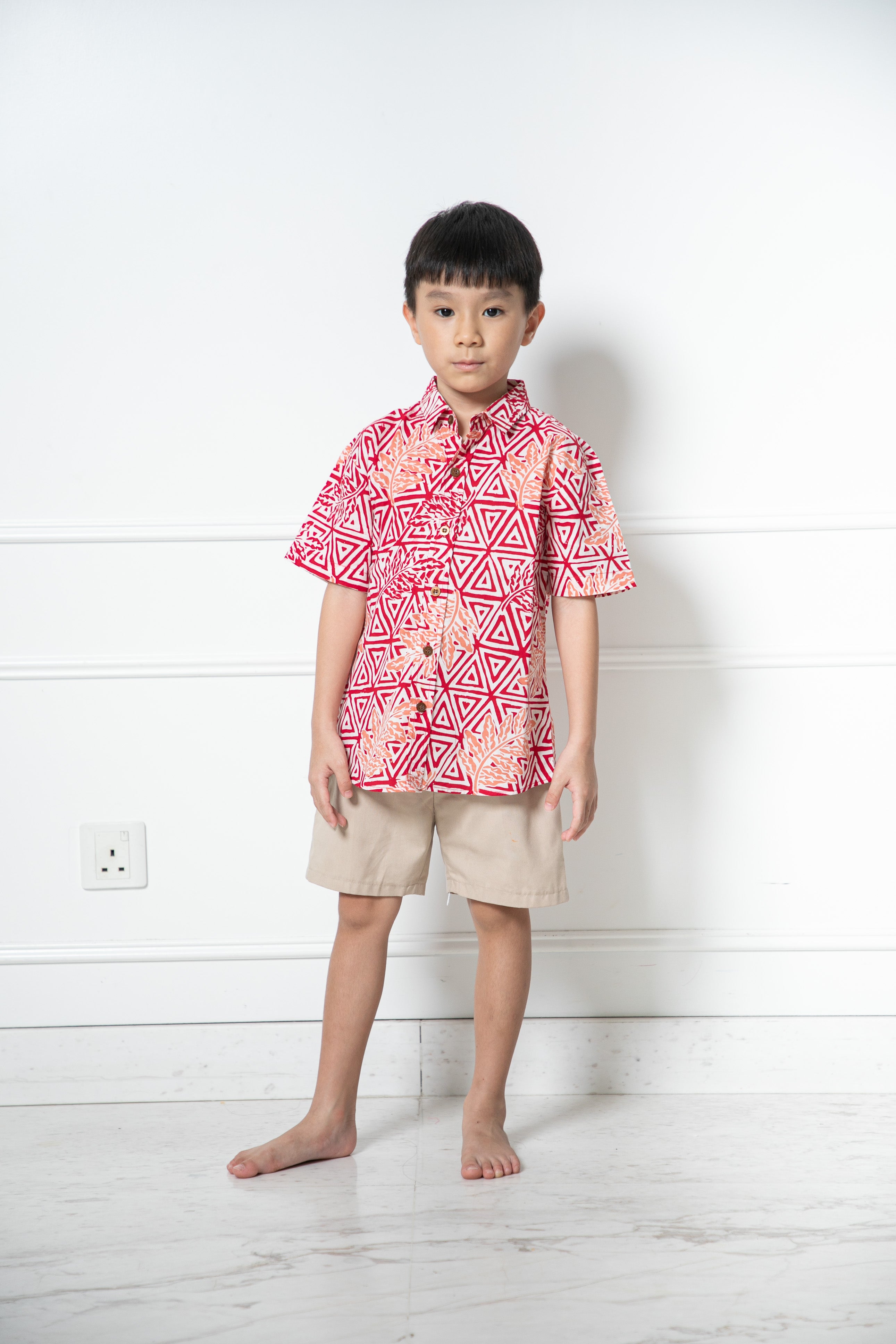 Chinese New Year 2024 Batik Boy Shirt (Red Leaf)