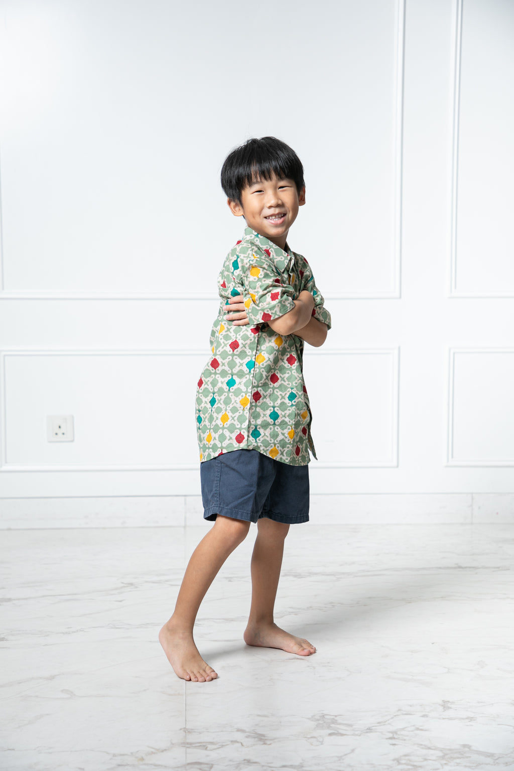Chinese New Year 2024 Batik Boy Shirt (Green Kawung)