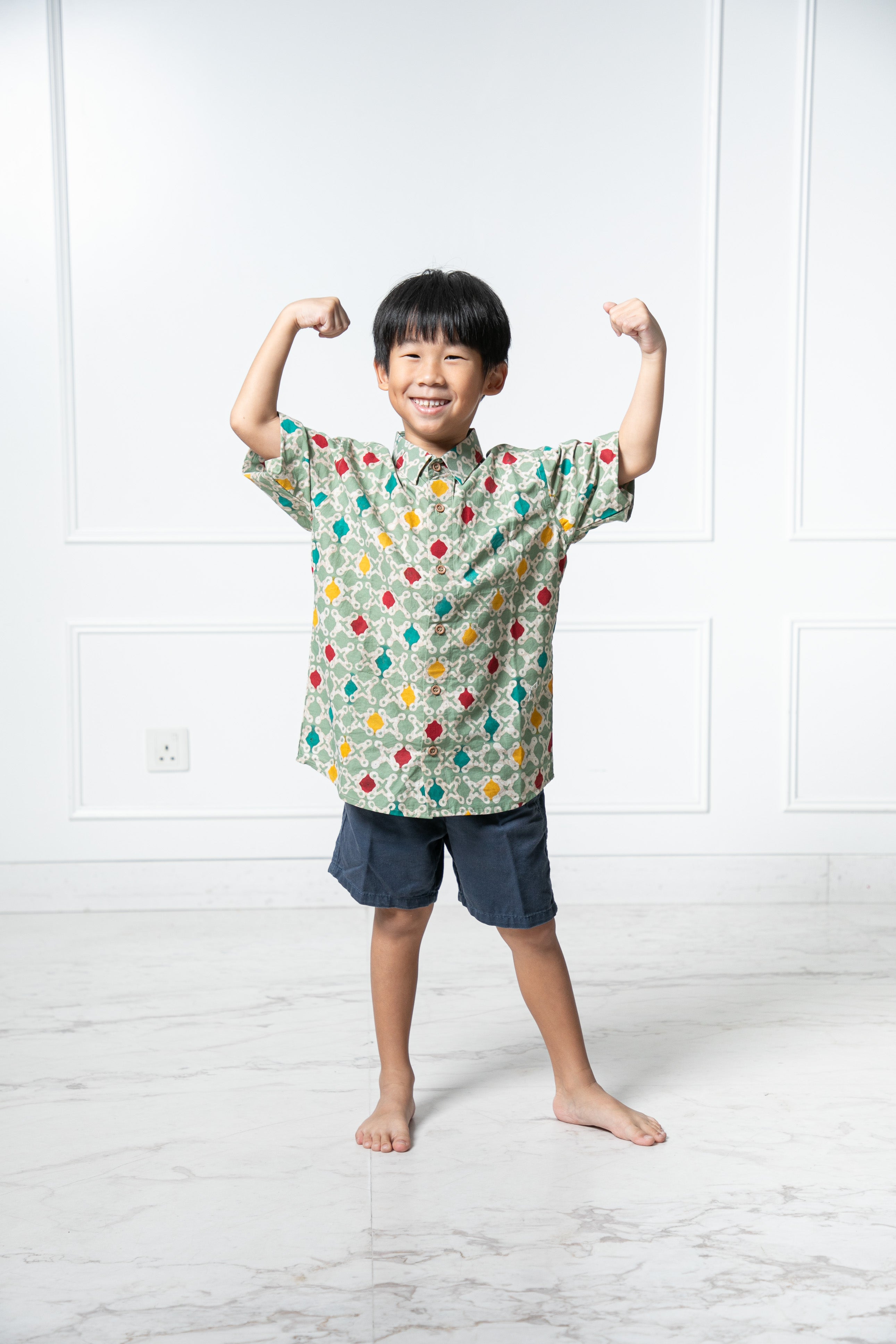 Chinese New Year 2024 Batik Boy Shirt (Green Kawung)