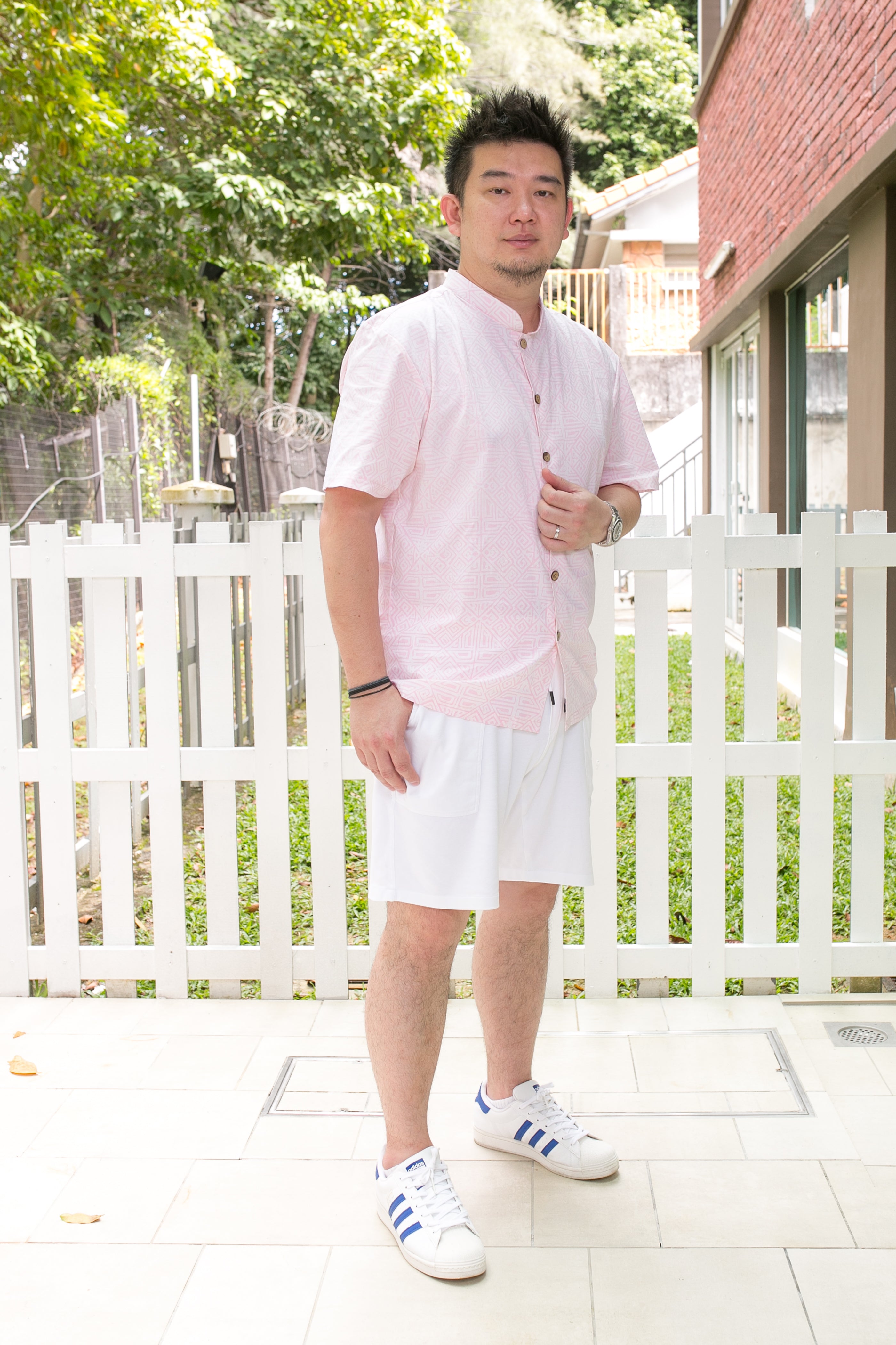 Chinese New Year Batik Mandarin Men Shirt (Pink)