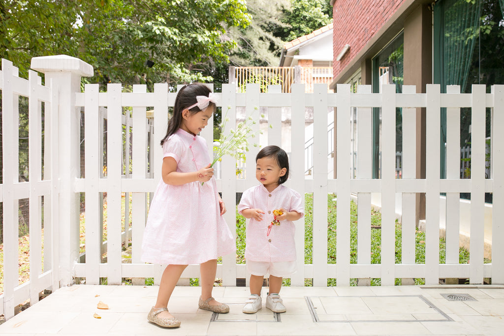 Chinese new year modern batik cheongsam kids dress (Pink Geometry)