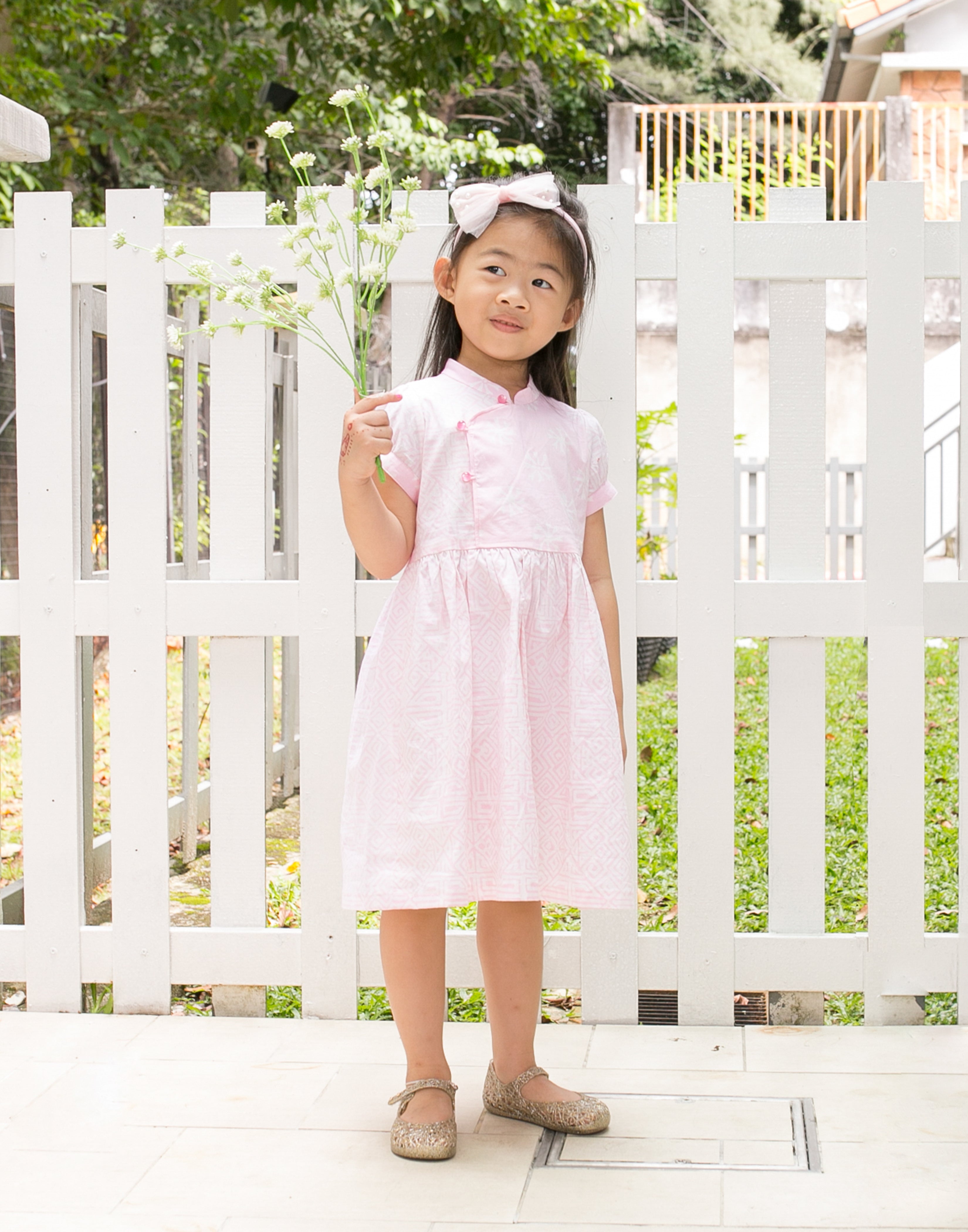 Chinese new year modern batik cheongsam kids dress (Pink Geometry)
